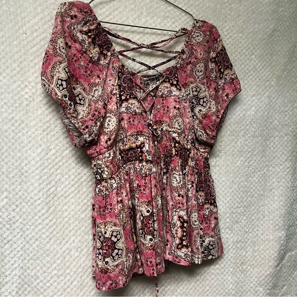TORRID Crinkle Gauze Cris Cross Back Top Pink & Brown Peplum Cinched Waist Shirt - Picture 12 of 13